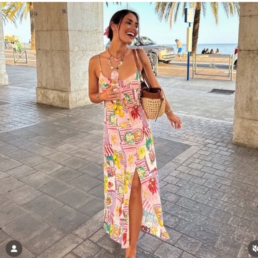 Zara Pink Tropical-patchwork Print Slip Maxi linen blend Dress S with Front Slit